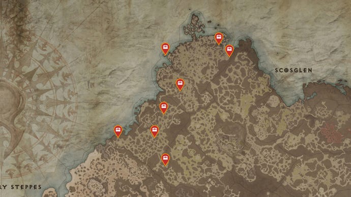 Un mapa de la región de Scosglen de Sanctuary en Diablo 4, con todas las posibles ubicaciones de Mystery Chest marcadas con alfileres rojos.
