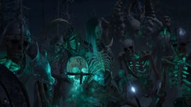 The Necromancer class in Diablo IV, surrounded by skeletons animated by glowing blue fire in a screenshot from the cinematic