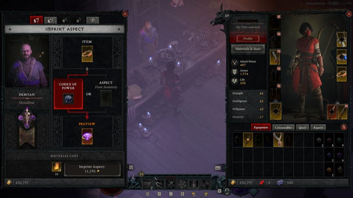 The player in Diablo interacts with an Occultist and prepares to imprint a Legendary Aspect onto a ring.