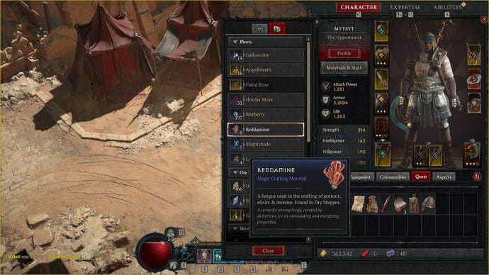 A menu showing Diablo 4 Reddamine in the character's inventory.