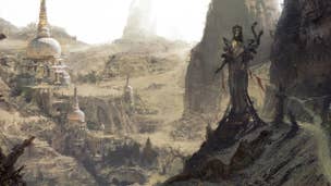 Diablo 4 Reddamine locations: A statue of an imposing woman looms over an arid landscape, dotted with large, white-domed buildings