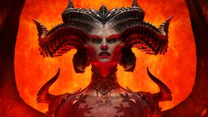 Artwork showing the demonic Diablo 4 villain Lilith standing in front of an orange glow from the hell fires of the Sanctuary.