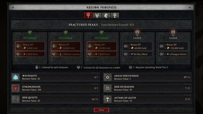 A screen showing Diablo 4 Renown tiers and rewards.