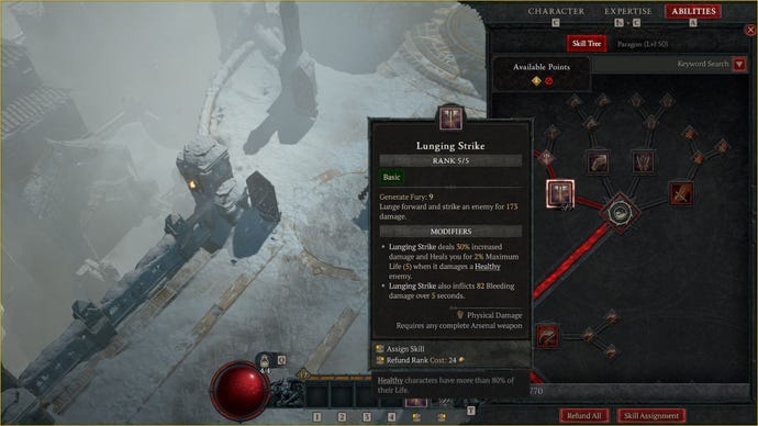 User interface showing the Diablo 4 skill point tree and showing costs to respec.