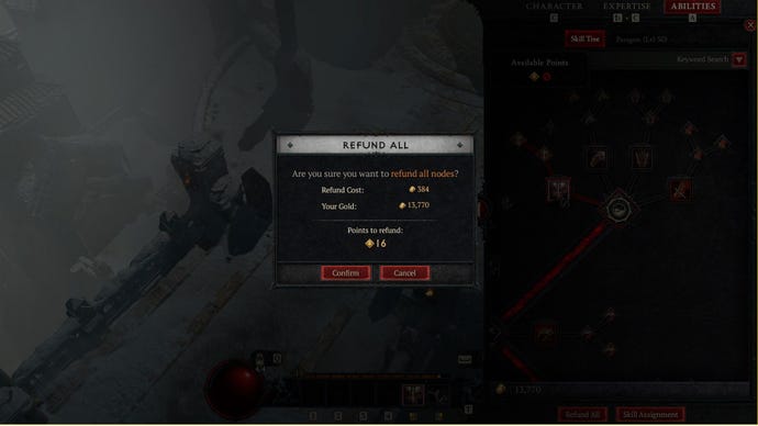A Diablo 4 respec dialogue box showing the costs to refund all skills.