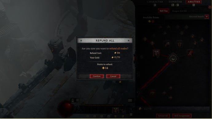 Un cuadro de diálogo de respeto de Diablo 4 que muestra los costos para reembolsar todas las habilidades.