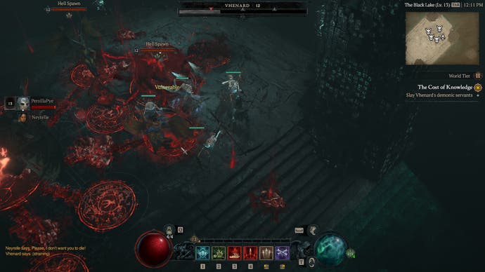 Diablo 4-Screenshot zeigt schwer zu lesenden Kampf in einem Bosskampf mit verschiedenen blutbasierten Feinden und Stapel von blutigen Leichen auf dem Boden, das vom Nekromant erzeugt wird