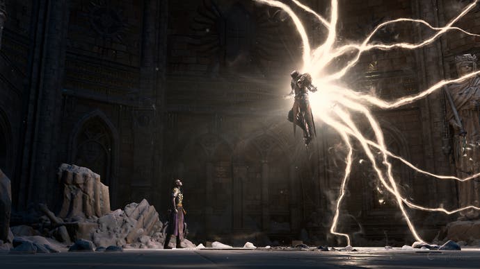 Diablo 4-Screenshot zeigt eine dramatische Seitenansicht von Inarius, oben rechts, um meinen Nekromant-Charakter, unten links