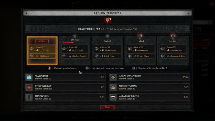 Diablo 4 -Screenshot zeigt den Fortschrittsbildschirm der Region und die erste Belohnungsstufe mit einer Reihe von Zielen und Belohnungen