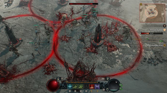 Diablo 4 Screenshot zeigt ein Welteignis mit einigen Steinsäulen, die von roten Kreisen umgeben sind und das Ziel für weitere 51 Sekunden überleben
