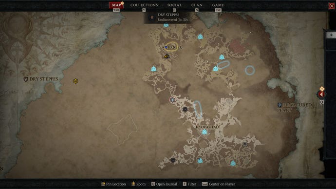 A partially explored world map in Diablo IV