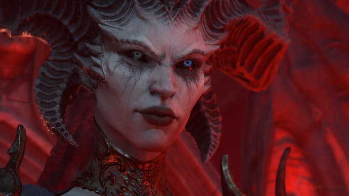 Diablo 4 screenshot showing a close-up of Lilith smiling ominously