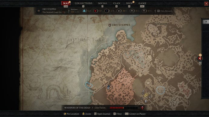 The map of Sanctuary as it appears in Diablo 4, with the Scarred Coast sub-area of the Dry Steppes region highlighted.