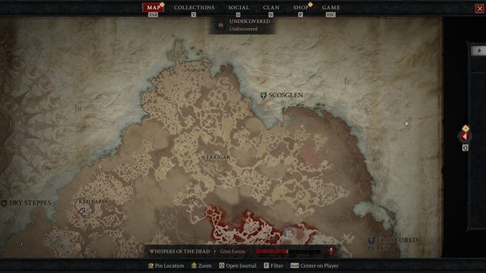 A map of Sanctuary as it appears in Diablo 4, focusing on the Scosglen region.