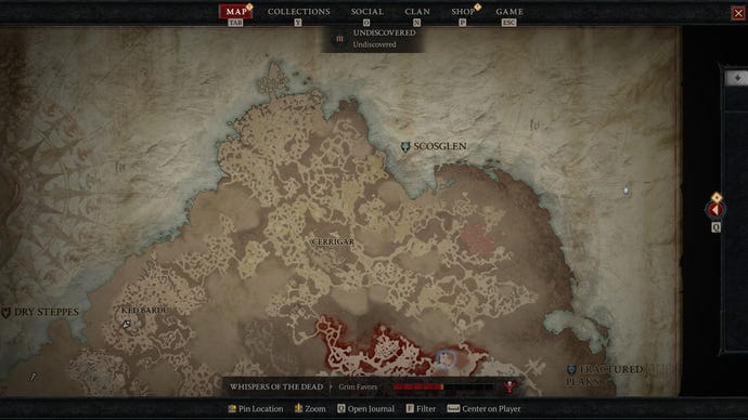 Un mapa de Santuario tal como aparece en Diablo 4, centrándose en la región de Scosglen.