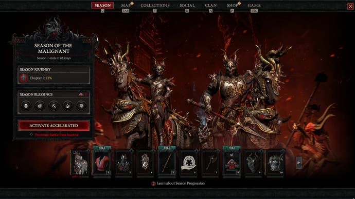Pantalla de la temporada 1 de Diablo 4 que muestra la página central de la temporada con el pase de batalla y una armadura premium extremadamente elaborada