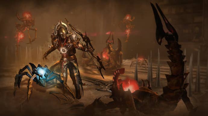 A player character and companion in Diablo 4, in a hellish environ.