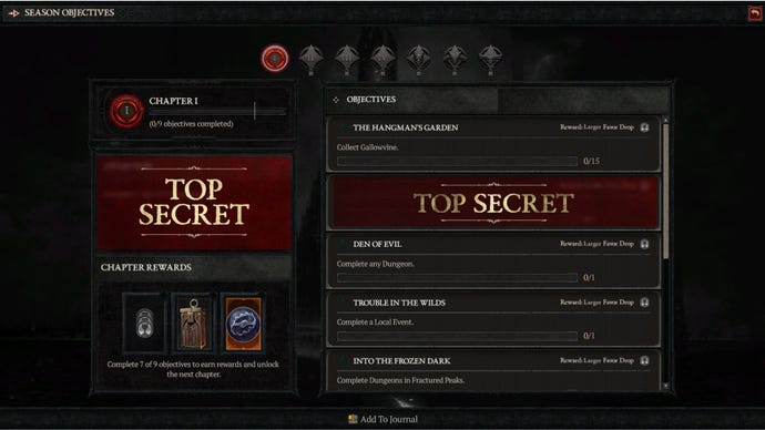 Diablo 4 seasons interface showing how Objectives will work