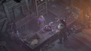 Diablo 4 sigil crafting: A man in furry shoulder pads is standing in front of a counter, speaking with a bald man on the other side of it. The glow of firelight mixes with the eerie purple flames from the shopkeeper's candles