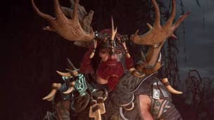 Diablo 4 Tempest Roar: A man with a red beard and a helm with antlers on it is standing near a fire, staring directly into the camera
