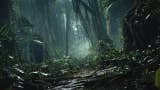 A promotional shot from Diablo 4's Vessel of Hatred expansion trailer showing a path winding through a lush jungle.