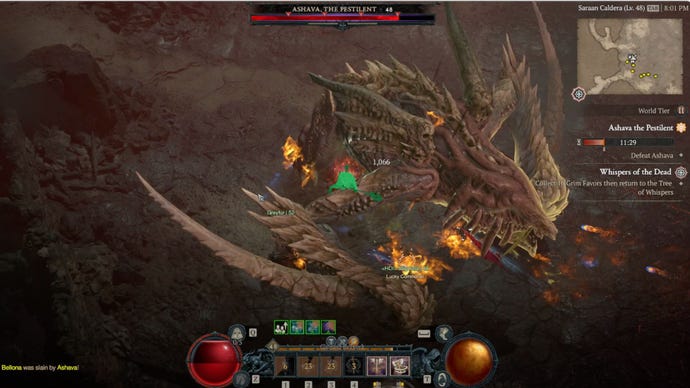 Un jugador lucha contra Ashava, el pestilente, jefe mundial de Diablo 4.