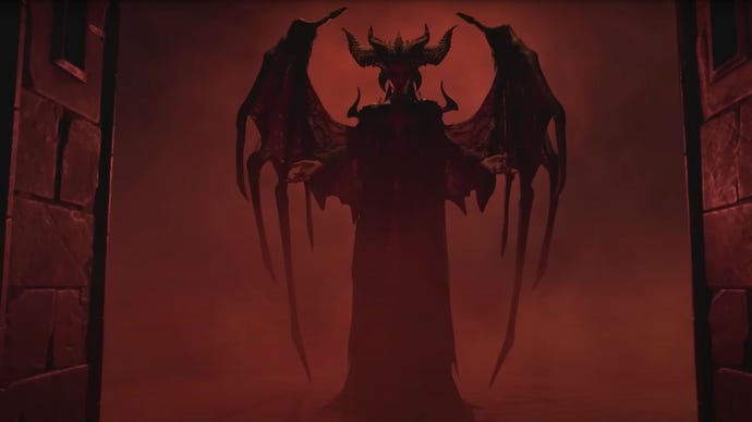 Diablo 4 World Tier guide: Lilith's silhouette in a red backdrop.