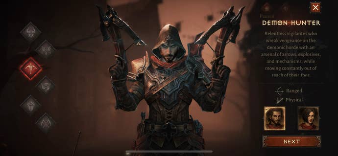 The Demon Hunter class from Diablo Immortal stands with two crossbows raised by their side