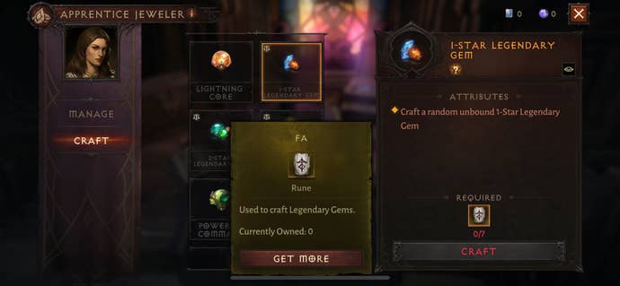 The apprentice jeweller in Diablo Immortal crafting a Legendary Gem