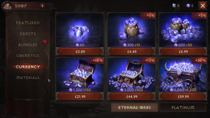The premium Eternal Orb top-up purchase screen from the Diablo Immortal in-game store.