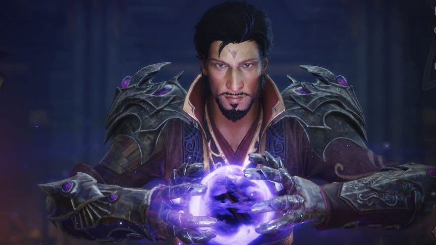 The Wizard in Diablo Immortal from the character class selection screen. He's a cool lad holding a big purple magic orb between his hands
