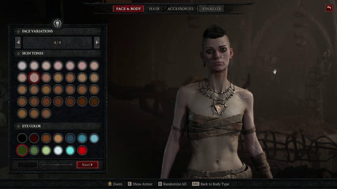 Diablo IV's character creation screen, mid creation of a necromancer (a very thin woman with a partially shaved head