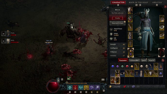 A necromancer inspecting the new loot they picked up in Diablo IV