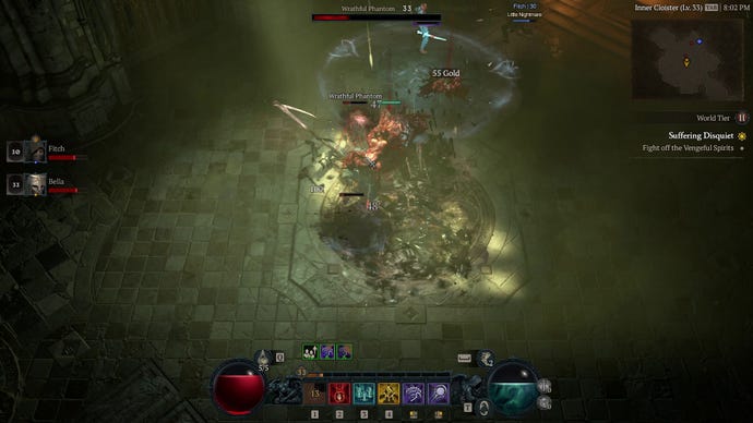 A pitched battle in Diablo IV inside an old temple, with a necromancer's blood golem in the centre of the screen