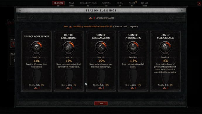 Pantalla de la temporada 1 de Diablo 4 que muestra la página de bendiciones de la temporada con siete disponibles, otorgando varias bonificaciones por varios costos