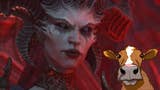 Close up of Lilith in Diablo 4 with cartoon cow
