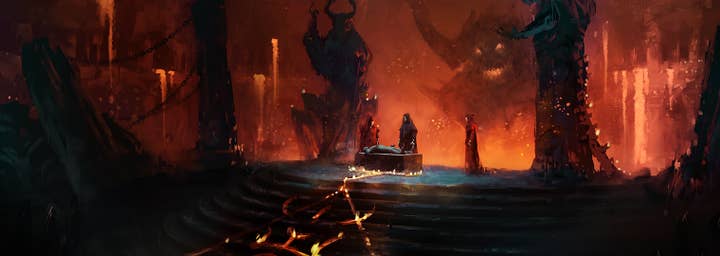 Key art for Diablo 4 showing what looks like a human sacrifice taking place in a scary underground area against a fiery background. A silhouette of a giant demon with a rictus grin peeks out of the flames, looking on with interest