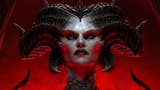 《暗黑破坏神4》中的反派莉莉丝(Lilith)，特写镜头，傲慢地俯视着镜头，巨大的角向后旋转，远离她的头部。背景是地狱般的红色。她不是在胡闹。