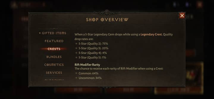 Diablo Immortal "Shop overview" screen showing loot box odds: 
"When a 5-Star Legendary Gem drops while using a Legendary Crest. Quality drop rates are:

5-Star (Quality 2): 75%
5-Star (Quality 3): 20%
5-Star (Quality 4): 4%
5-Star (Quality 5): 1%"