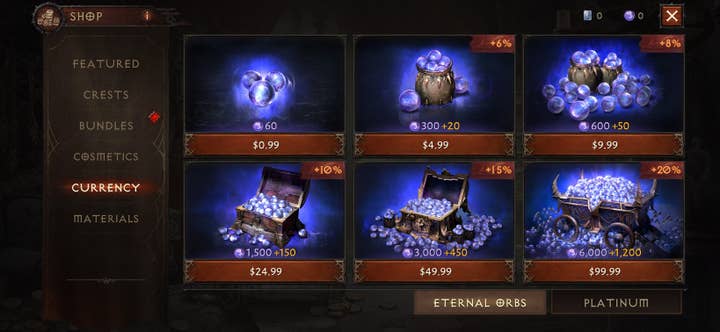 Diablo Immortal shop picture showing a variety of options to purchase orbs. There is also a tab to purchase platinum. Those are on the currency section of the shop, which also has sections for crests, cosmetics, materials, and bundles.
