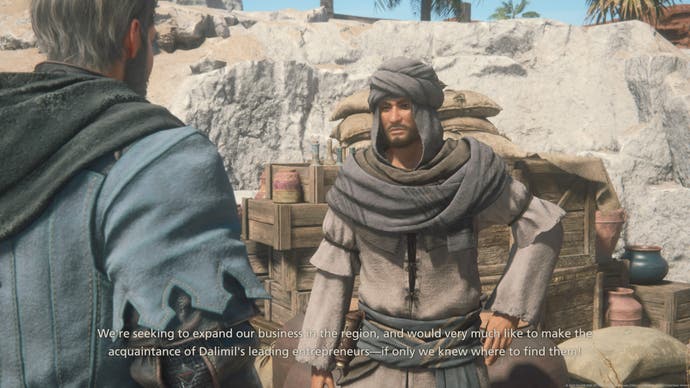 Une scène de dialogue mettant en vedette un marchand dans le désert de FF16