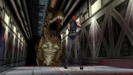 A screenshot of classic Capcom survival horror game Time Crisis, with a T-Rex menacing the player character
