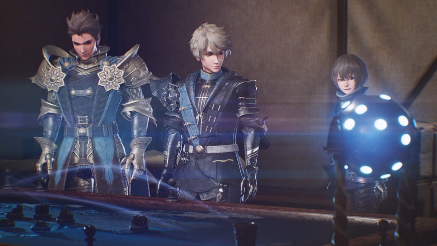 Three warriors from The DioField Chronicle stand in front of a map board