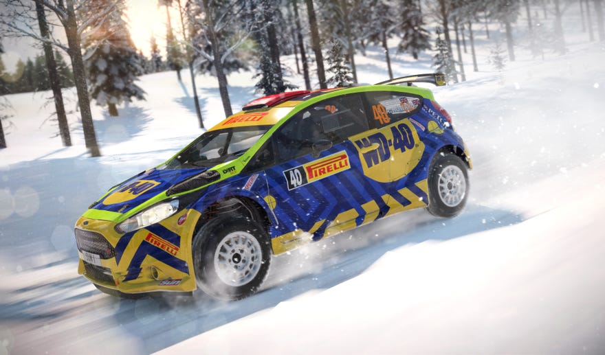 A screenshot of a car racing across a snowy scene in Dirt 4