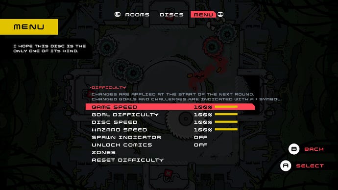 The generous difficulty settings menu in a Disc Room screenshot.