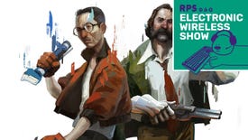 Kim Kitsuragi and Harry DuBois from Disco Elysium, with the Electronic Wireless Show podcast logo in the top right