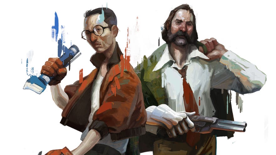 Kim and the detective pose in Disco Elysium artwork.