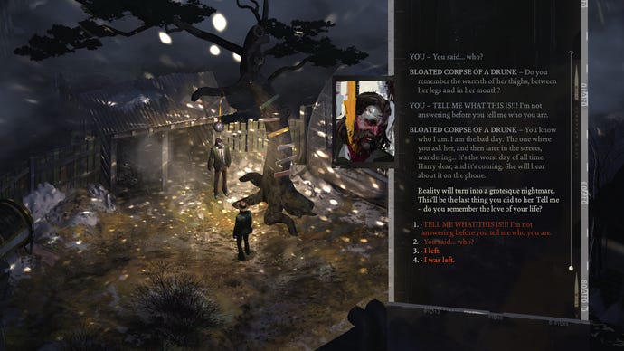 Harry stares up at a vision of himself hanging from a tree in Disco Elysium