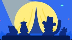 A graphic representing Discord's new stage channels, showing four characters in silhouette on a couch facing away, towards a parting stage curtain upon which shines a spotlight.