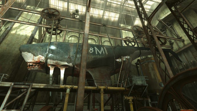 A dead whale is strung up in a warehouse in Dishonored